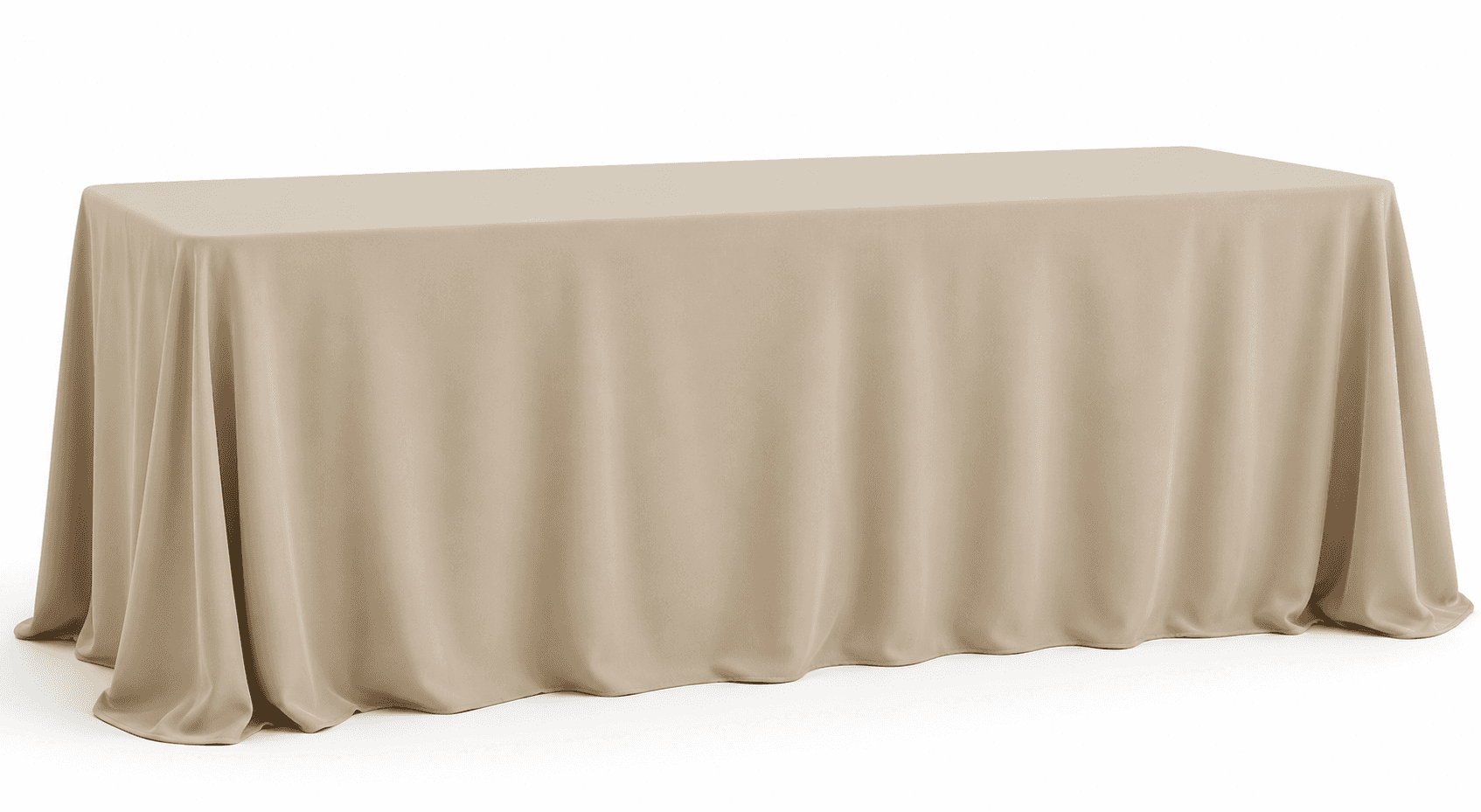A rectangular table completely covered by a light beige, floor-length tablecloth, presented against… — 3D model