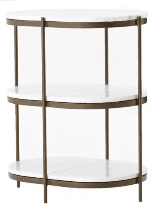 A contemporary three-tiered side table featuring oval shelves crafted from white marble, supported b… — 3D model