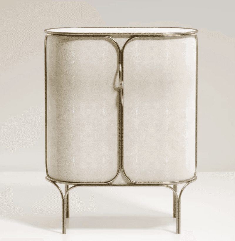 An elegant bar cabinet featuring a rounded rectangular form, clad in a light beige faux shagreen mat… — 3D model
