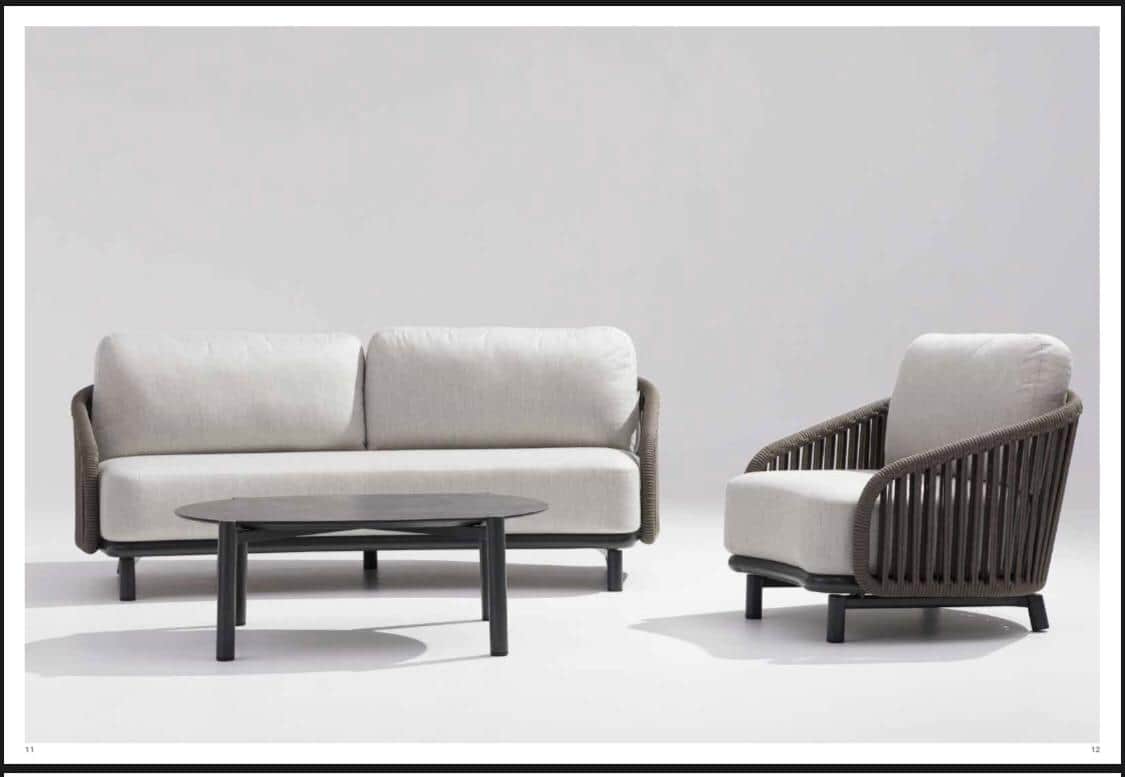 A modern two-seater sofa featuring a robust dark-colored woven frame that forms the backrest and arm… — 3D model