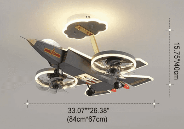 A multi-functional ceiling fixture designed in the shape of a jet fighter. It features a dark grey b… — 3D model