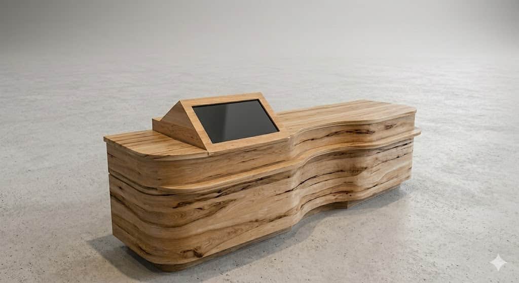 A long, low, contemporary kiosk or display stand crafted from light-toned, highly figured natural wo… — 3D model