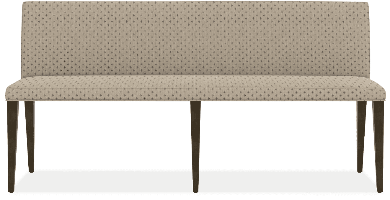 A long, upholstered bench featuring a backrest and four dark-stained tapered wooden legs. The bench… — 3D model