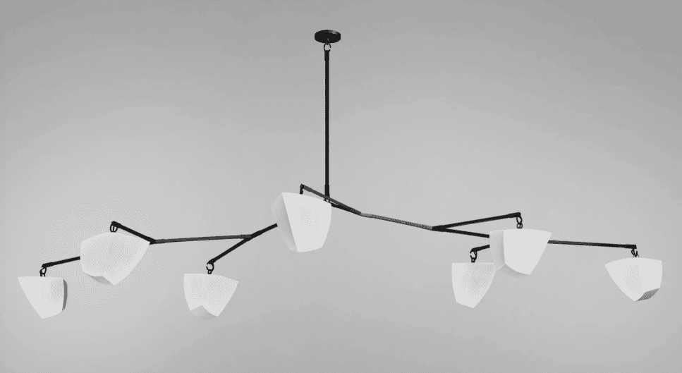 A modern, sculptural chandelier with a dark-finished metal frame and multiple articulated arms, each… — 3D model