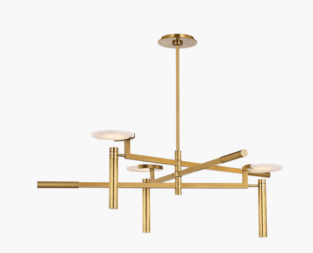 A modern linear chandelier featuring a satin brass finish and multiple arms that support circular, f… — 3D model