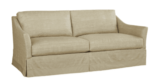 A two-seater loveseat upholstered in a light beige, textured fabric. It features a fully skirted bas… — 3D model