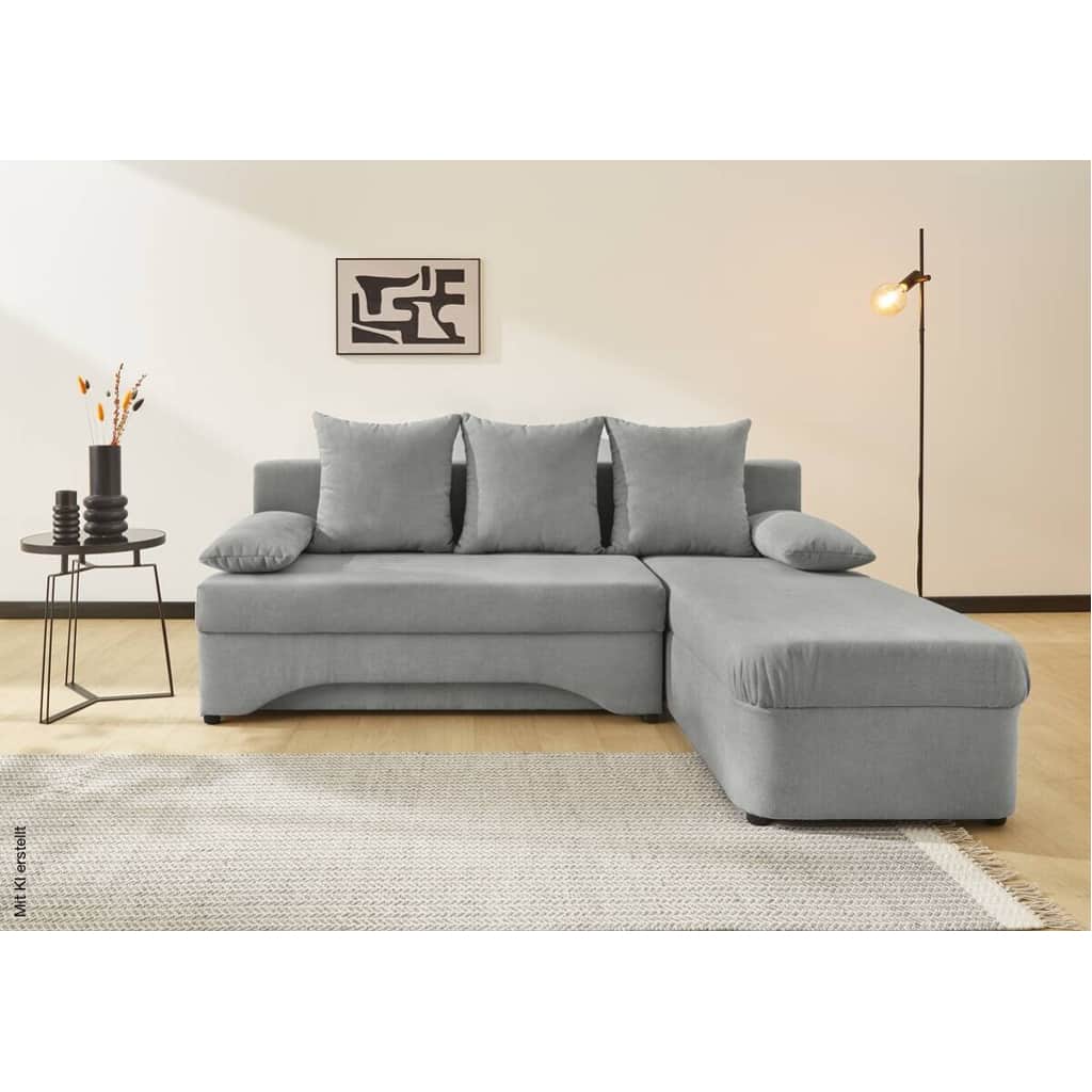 An L-shaped sectional sofa upholstered in light grey fabric, featuring a main sofa section and a con… — 3D model