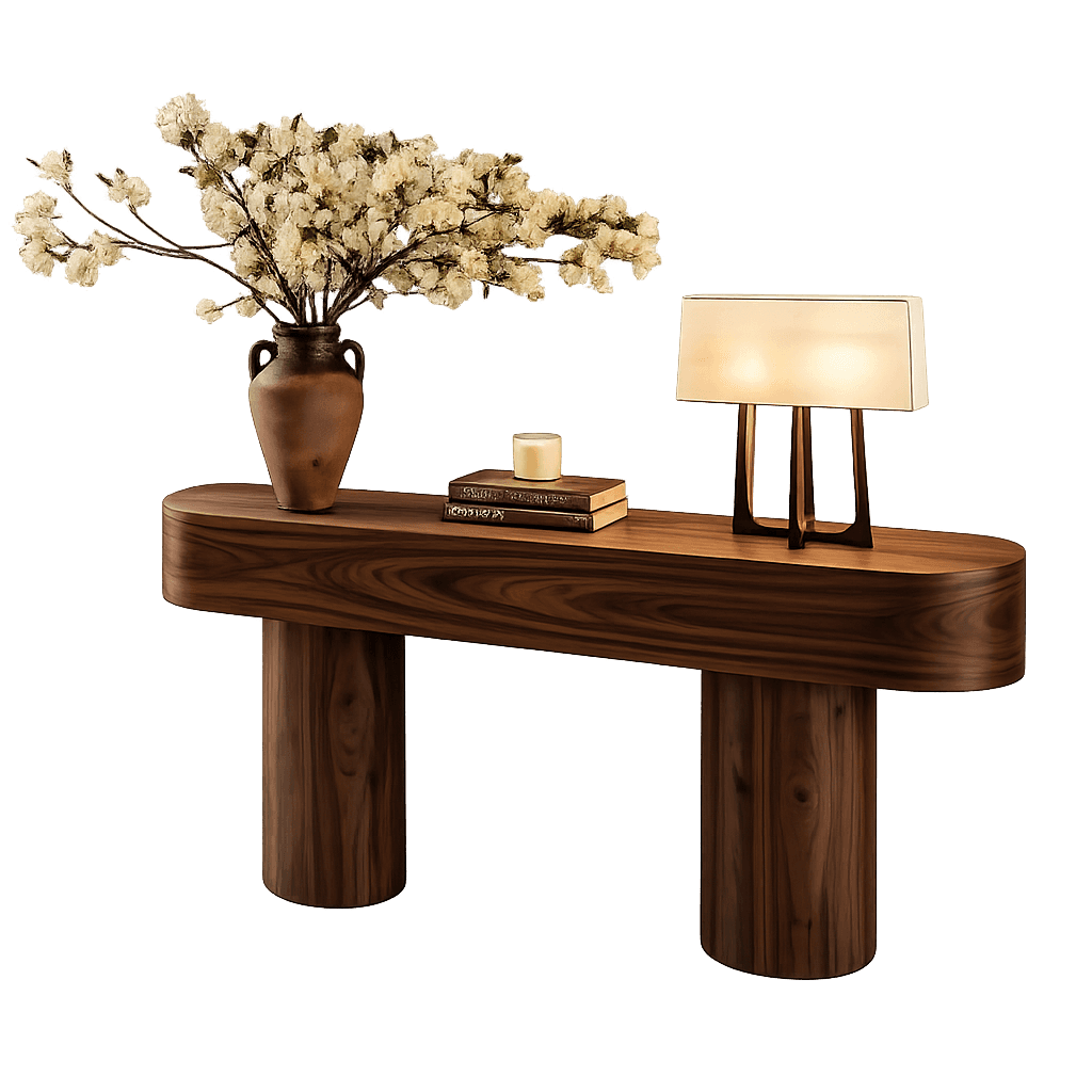 A long, narrow console table crafted from dark walnut wood, featuring an elongated oval top with smo… — free OBJ 3D model