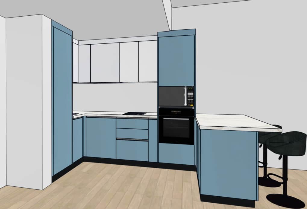 A rendering of a modern, L-shaped kitchen cabinet set.  The cabinets are primarily a light blue-gray… — free OBJ 3D model