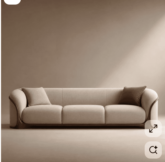A modern three-seater sofa featuring a distinctive curved wooden frame that elegantly wraps around t… — free GLTF 3D model