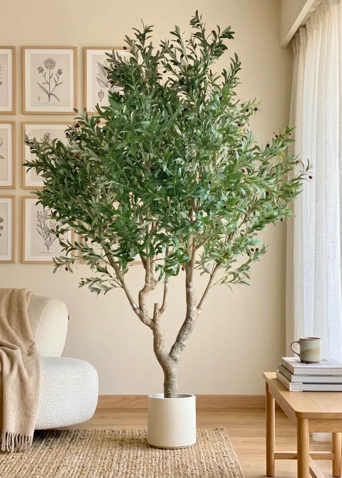 A faux olive tree presented in a simple, white cylindrical pot. The tree features a realistic-lookin… — 3D model