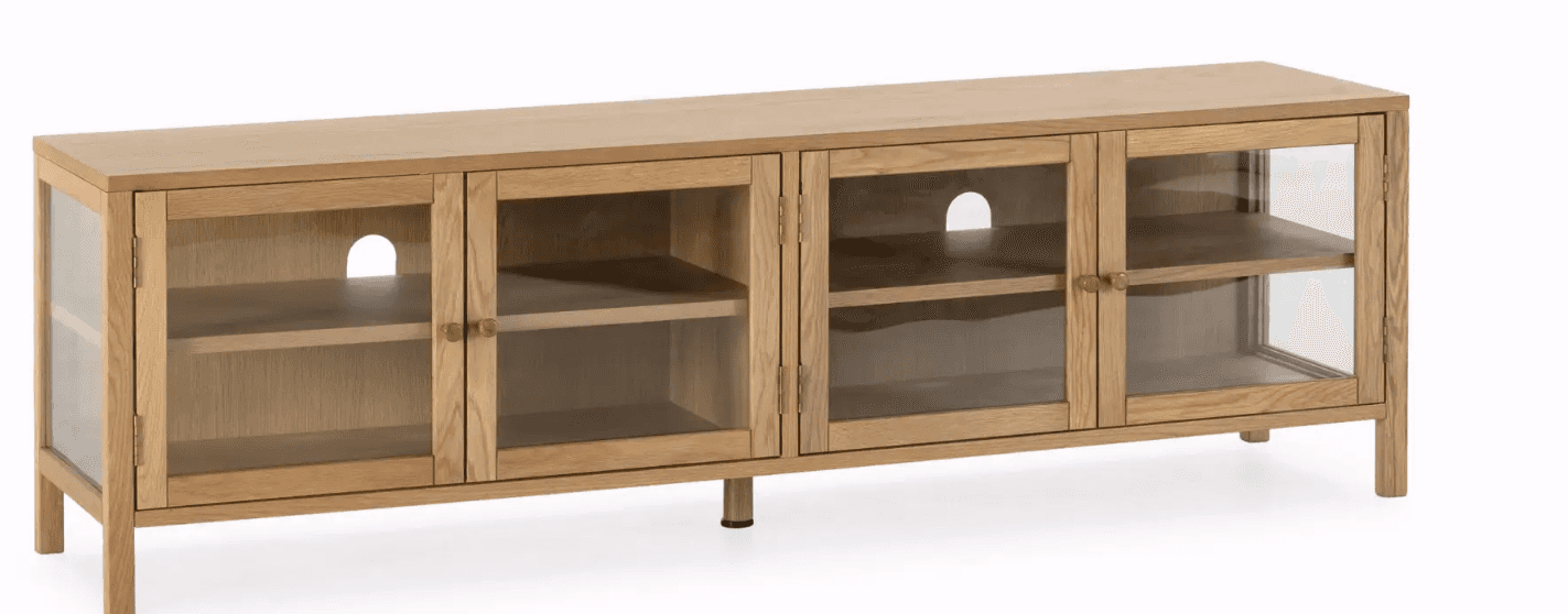 A modern, long, and low media console constructed from natural light-colored oak wood, featuring a c… — 3D model
