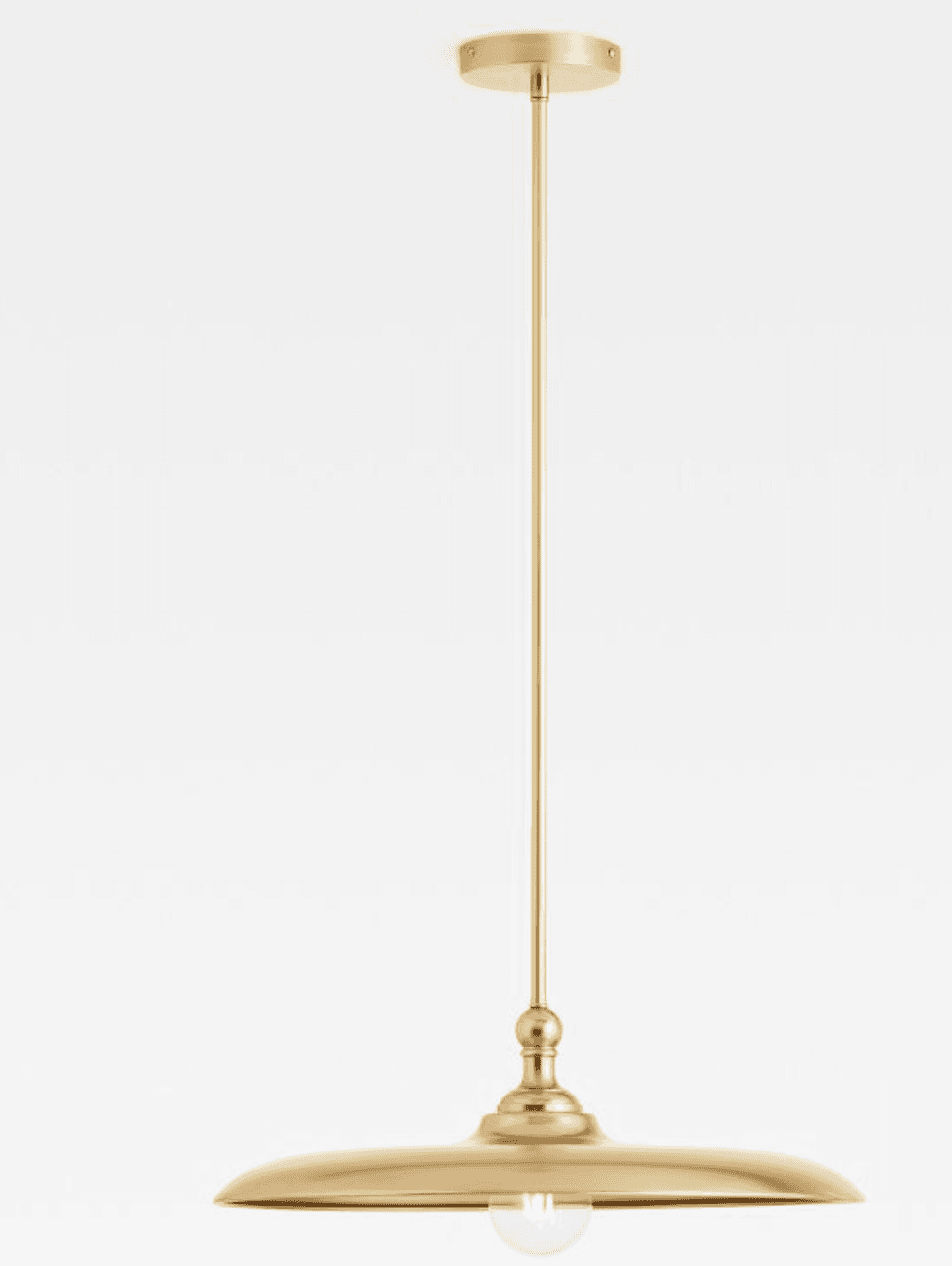 A single brushed brass pendant light featuring a long suspension rod, a decorative finial, and a wid… — 3D model