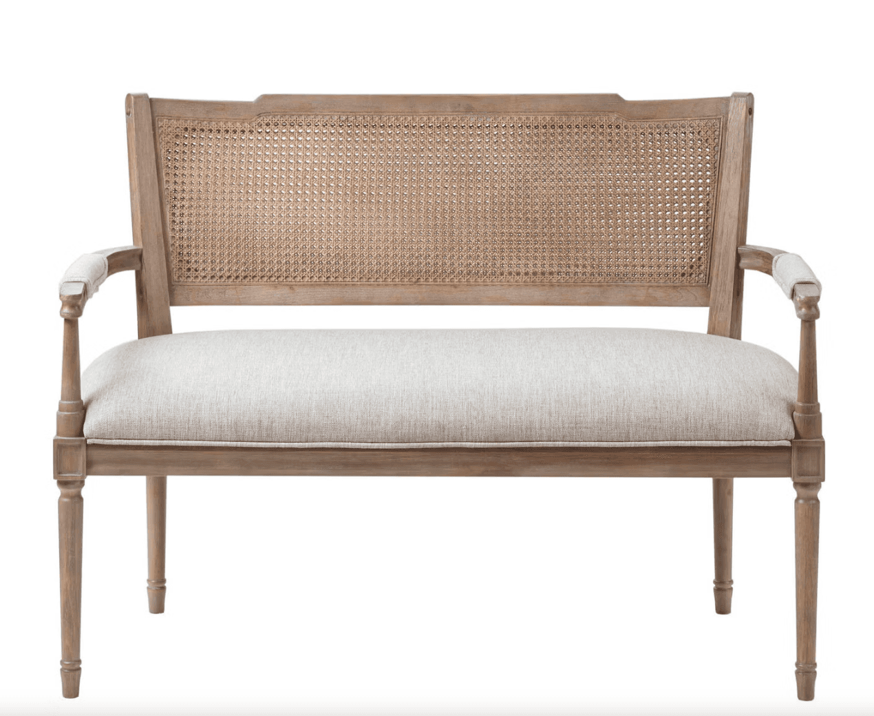 A French Country style settee or bench crafted from distressed light-toned wood, featuring a woven c… — 3D model