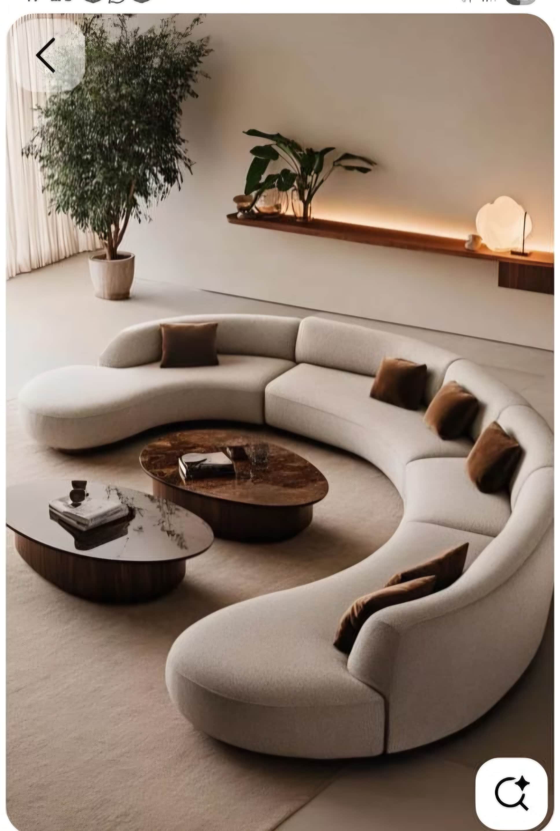 A large, contemporary curved modular sectional sofa upholstered in a light beige, textured fabric, f… — 3D model