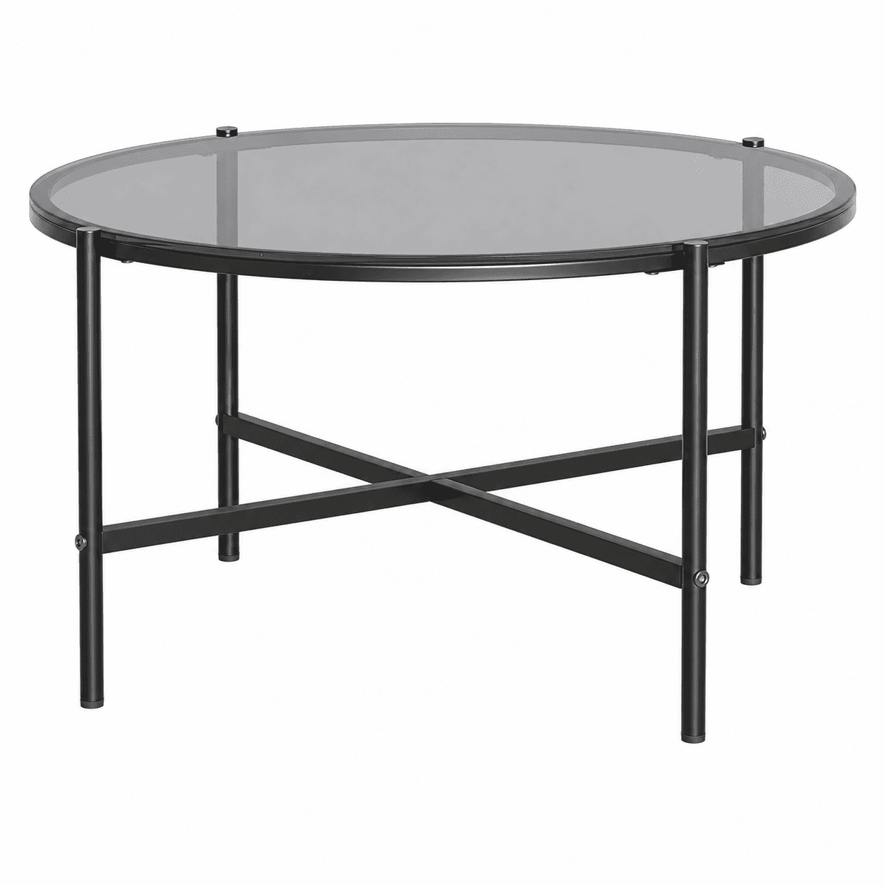 A modern, round coffee table featuring a smoked grey tempered glass top supported by a sleek black m… — 3D model