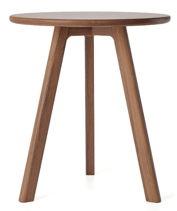 A round side table with a solid wood top and three tapered legs. The legs are angled outwards and jo… — 3D model