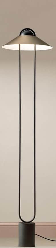 A modern minimalist floor lamp featuring a dark cylindrical base, a slender dual-rod stem, and a dis… — 3D model
