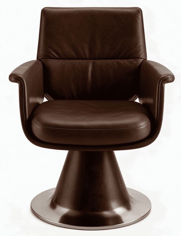A contemporary swivel lounge armchair upholstered in rich, dark brown leather, featuring a conical d… — free STL 3D model