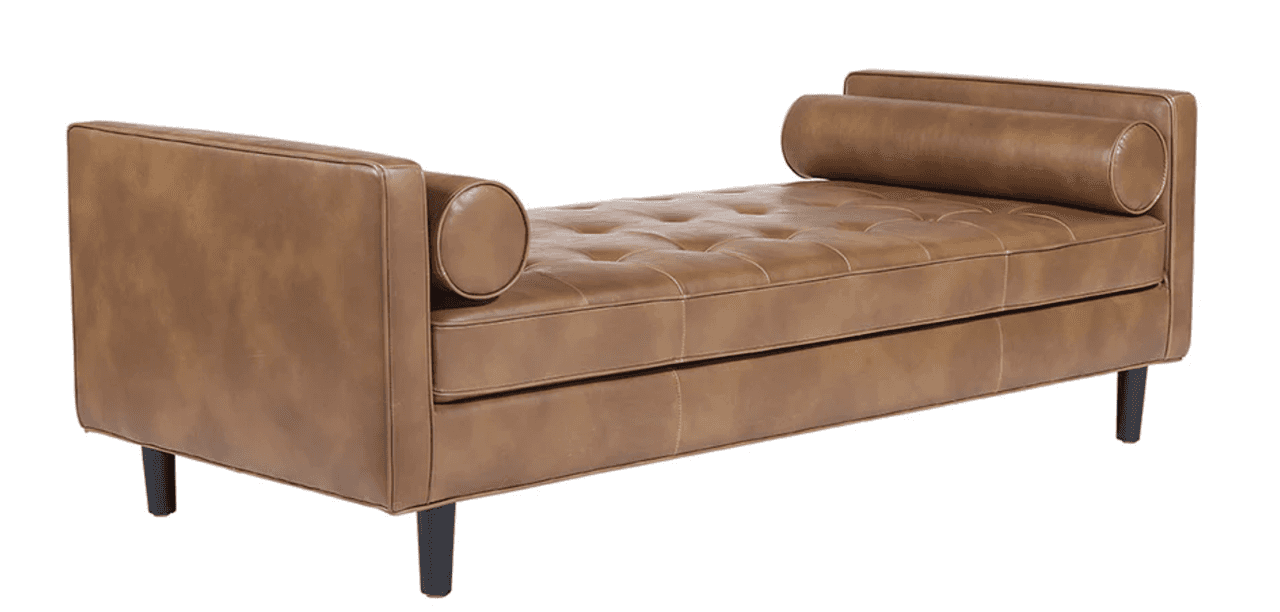 A tufted bench with rolled armrests on either end and four black tapered legs. The upholstery appear… — free STL 3D model