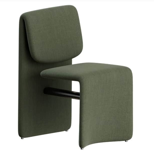 A modern armless chair with a sculptural, minimalist design, entirely upholstered in a deep olive gr… — free GLTF 3D model