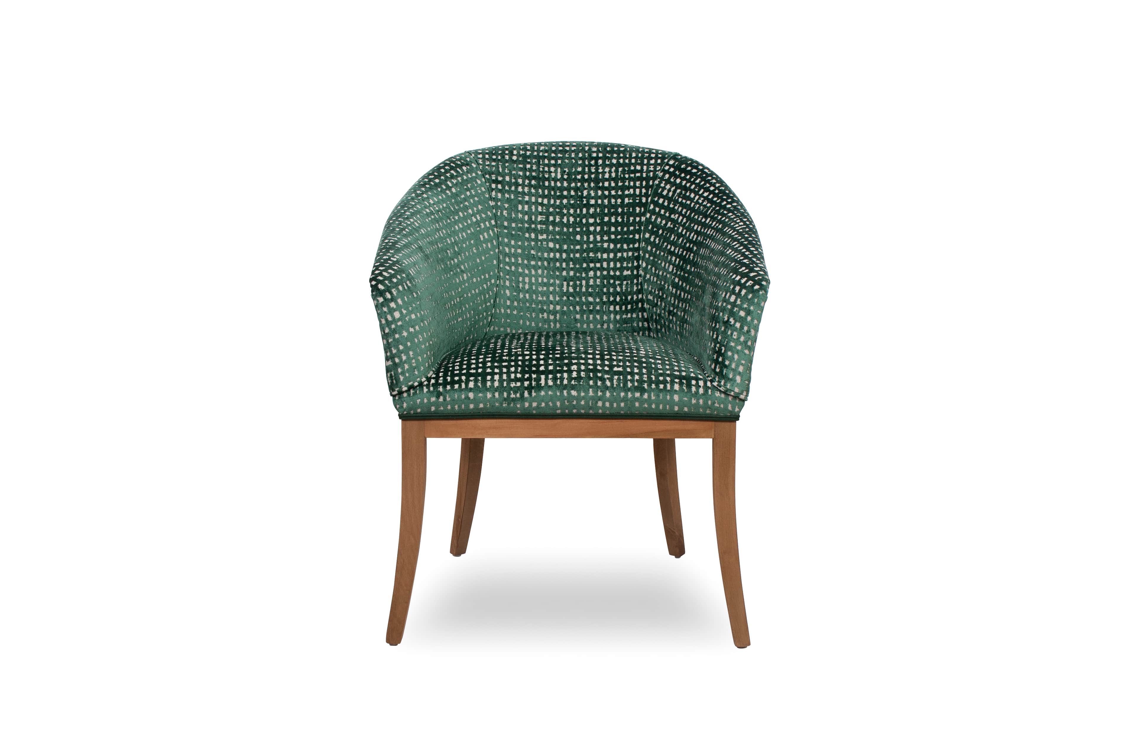 An upholstered armchair featuring a barrel-shaped back and integrated armrests, covered in a dark gr… — 3D model