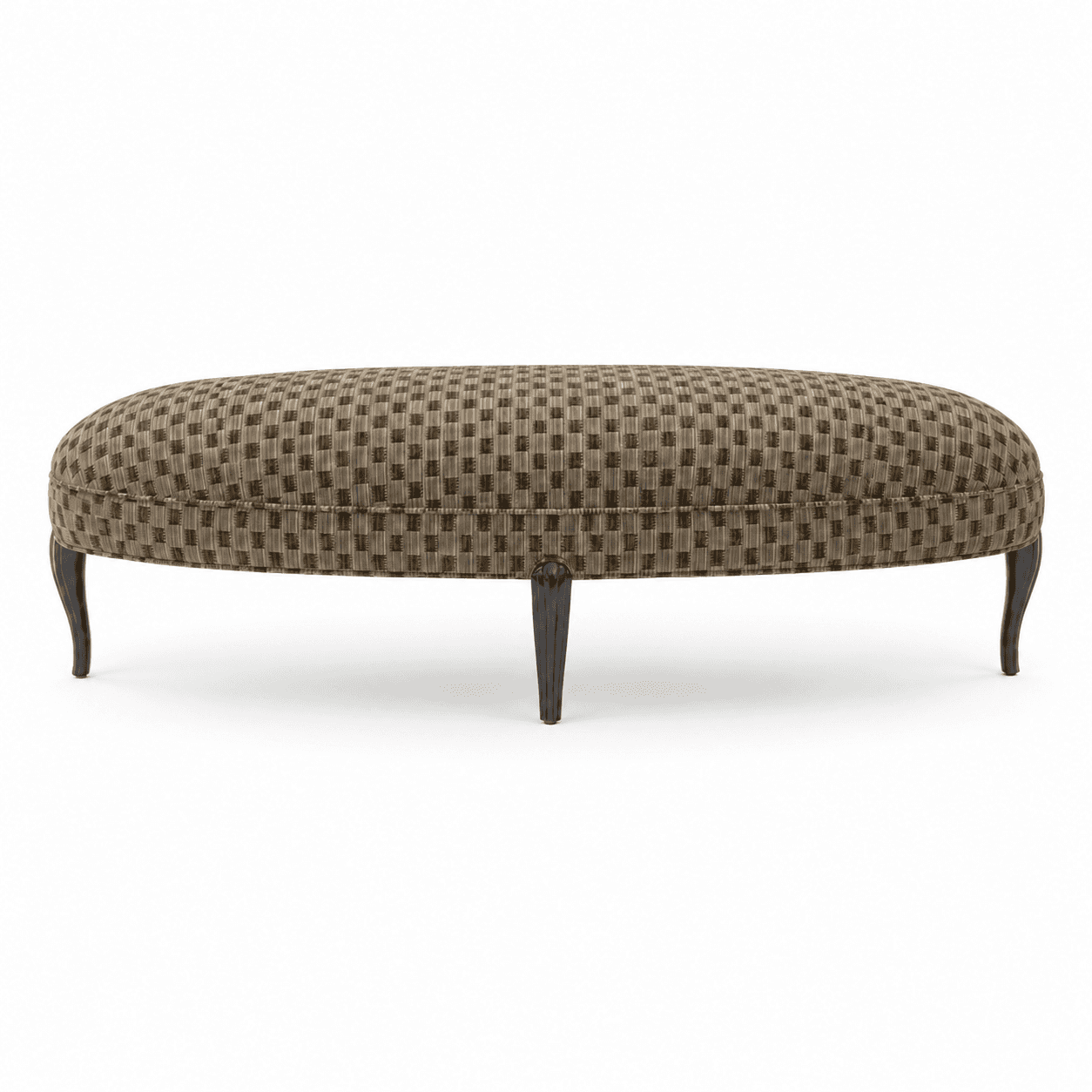 An upholstered oval bench with a geometric woven fabric and four carved wooden legs. The bench has a… — free SKP 3D model