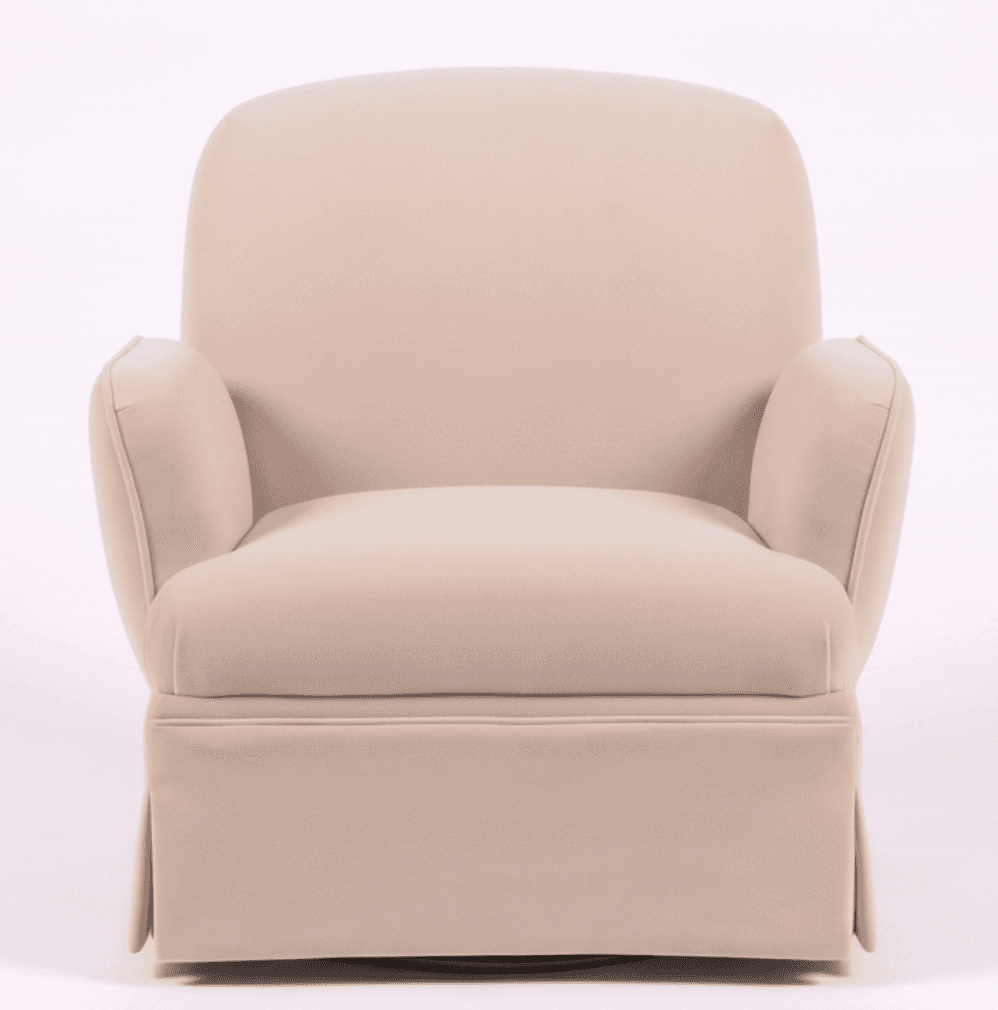 A fully upholstered swivel armchair in a light cream or off-white fabric, featuring a skirted base t… — 3D model