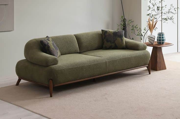 An olive green upholstered two-seater sofa featuring a clean, contemporary design with rounded arms… — free GLTF 3D model