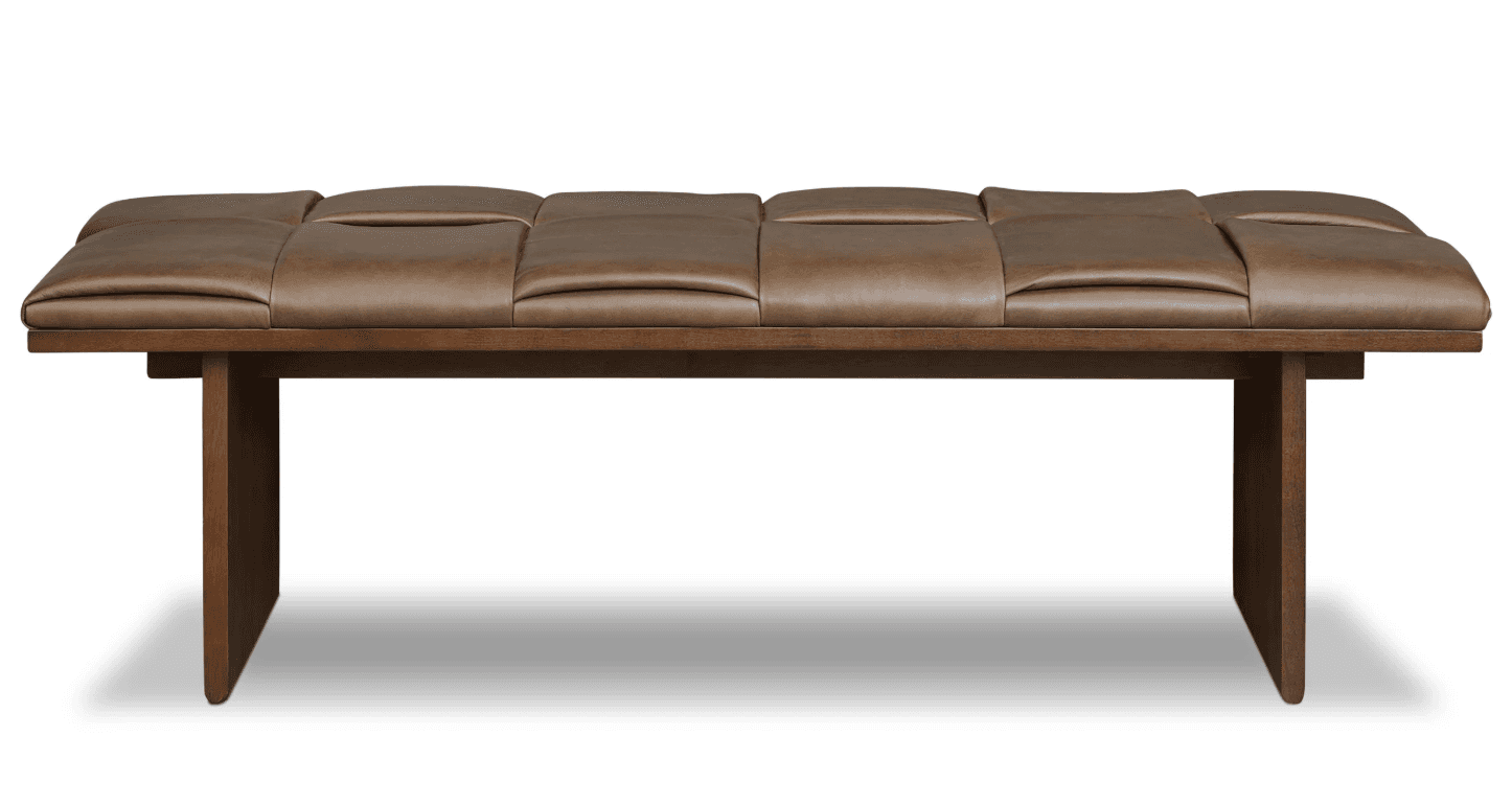 A long, rectangular bench featuring a dark brown segmented leather cushion top and a sturdy dark-sta… — 3D model