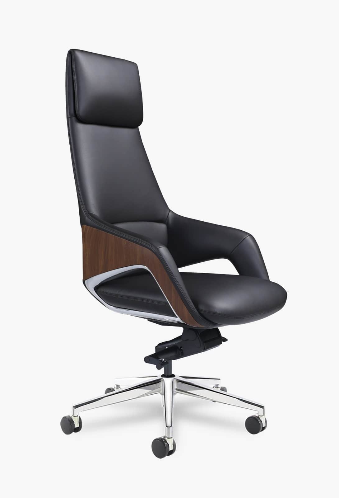 A modern high-back executive office chair featuring black leather upholstery, ergonomic design, inte… — 3D model