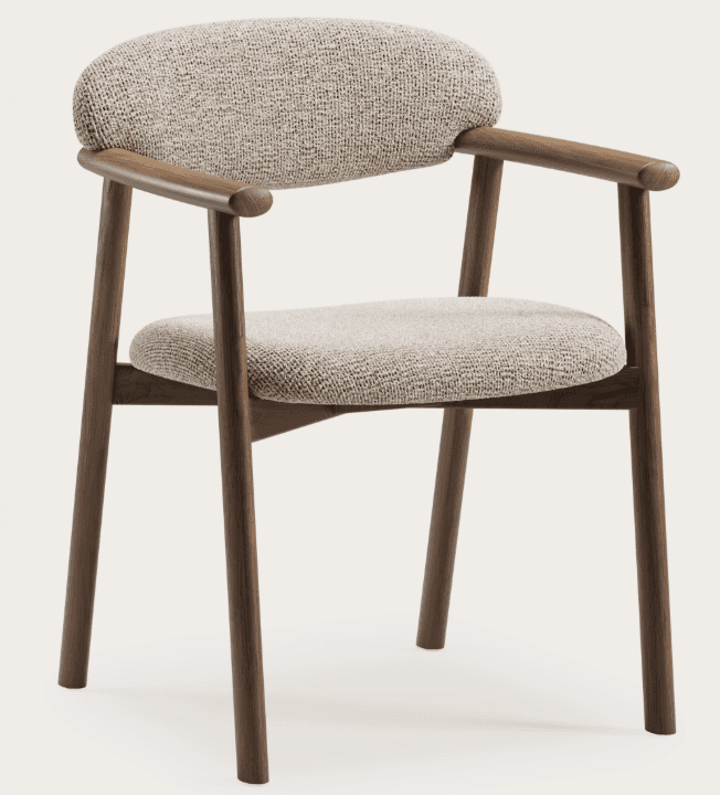 A modern upholstered armchair featuring a solid wood frame with integrated armrests and a rounded up… — 3D model