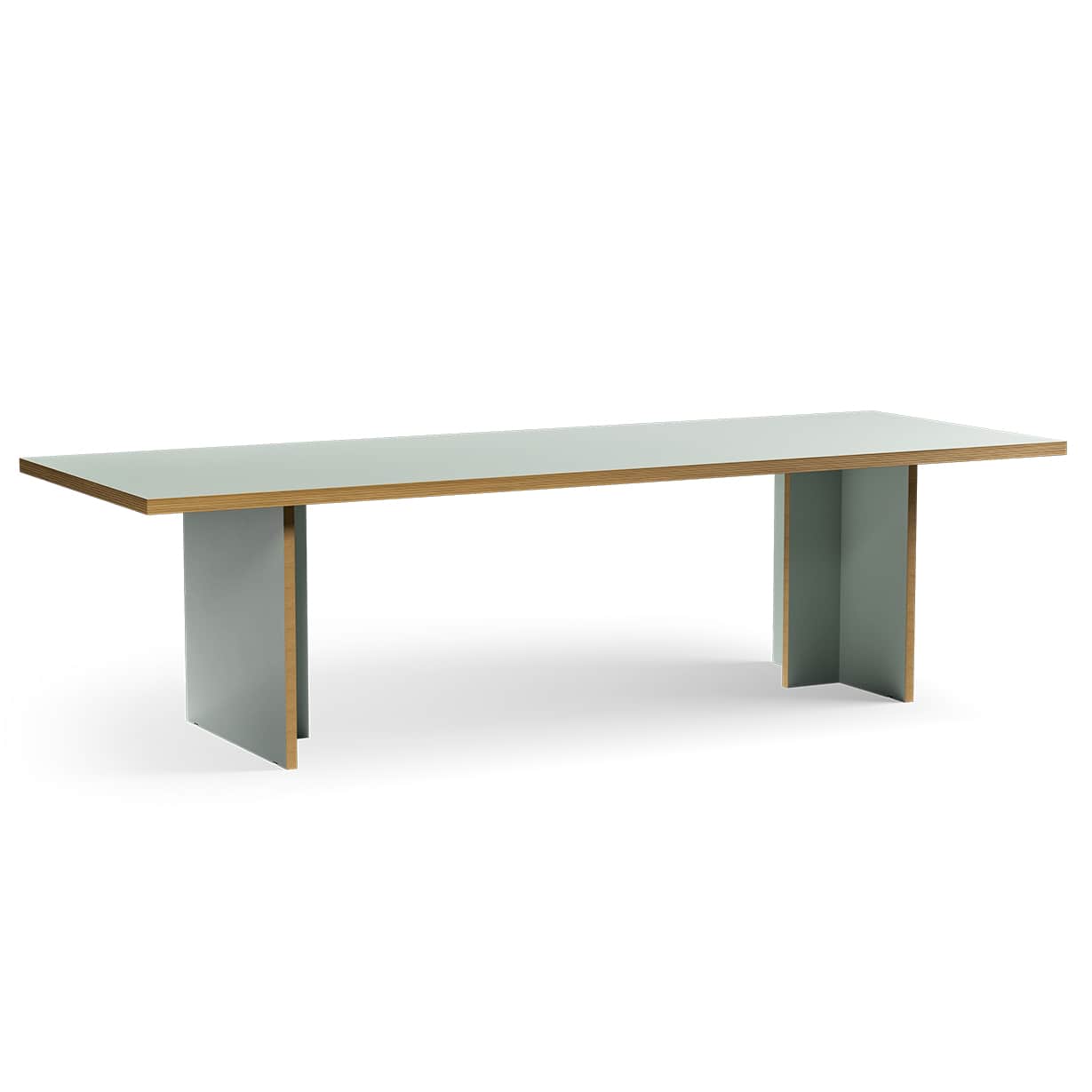 A long rectangular table with a light green top and two matching light green panel legs, featuring e… — free SKP 3D model
