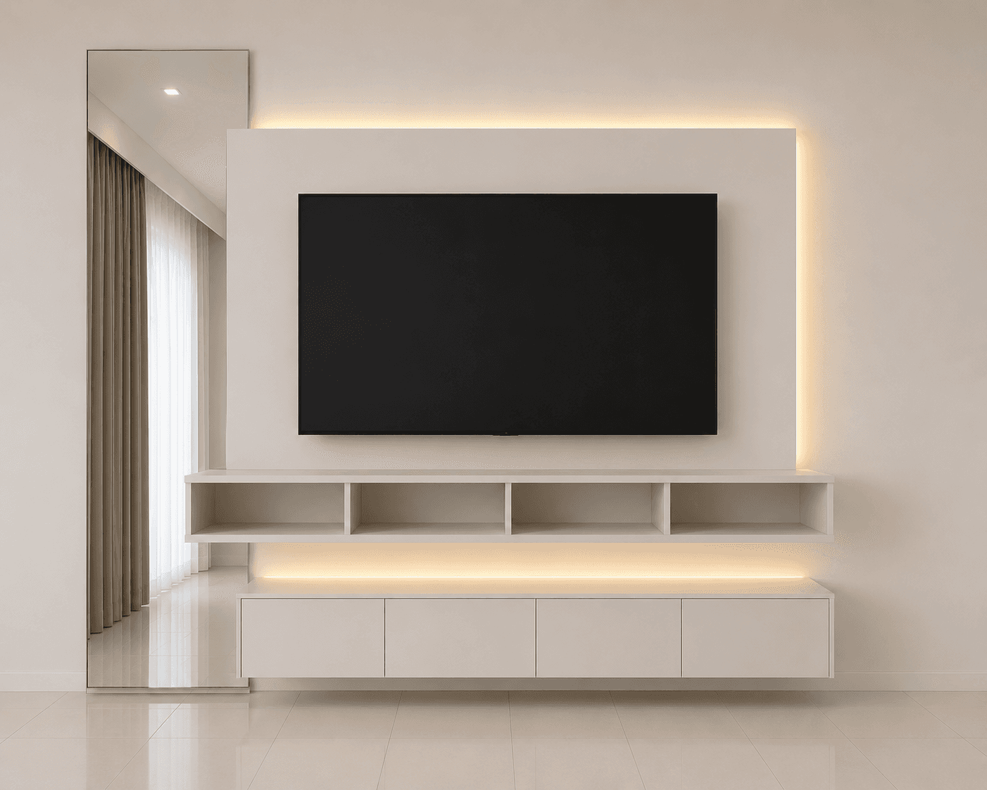 A modern floating wall-mounted entertainment unit featuring a central panel designed to accommodate… — 3D model