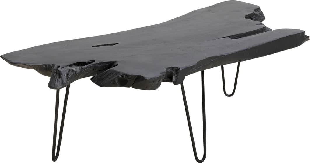 A rectangular coffee table featuring a live edge wood slab top finished in black, supported by four… — 3D model
