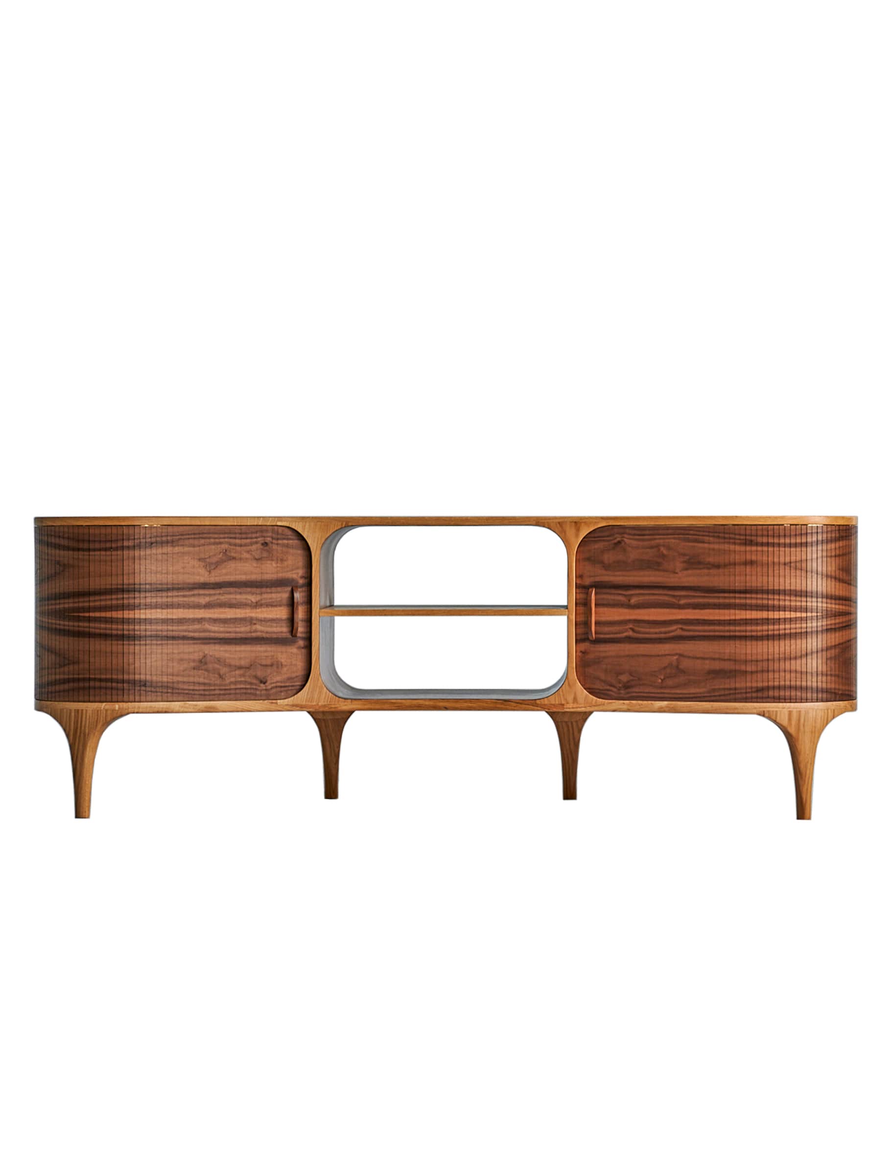 A contemporary media console crafted from walnut wood, featuring a long, low profile with two enclos… — 3D model