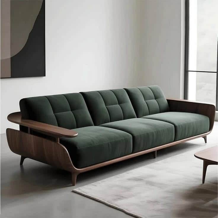 A three-seater sofa featuring a distinctive exposed walnut wood frame that forms the backrest and ar… — free GLTF 3D model