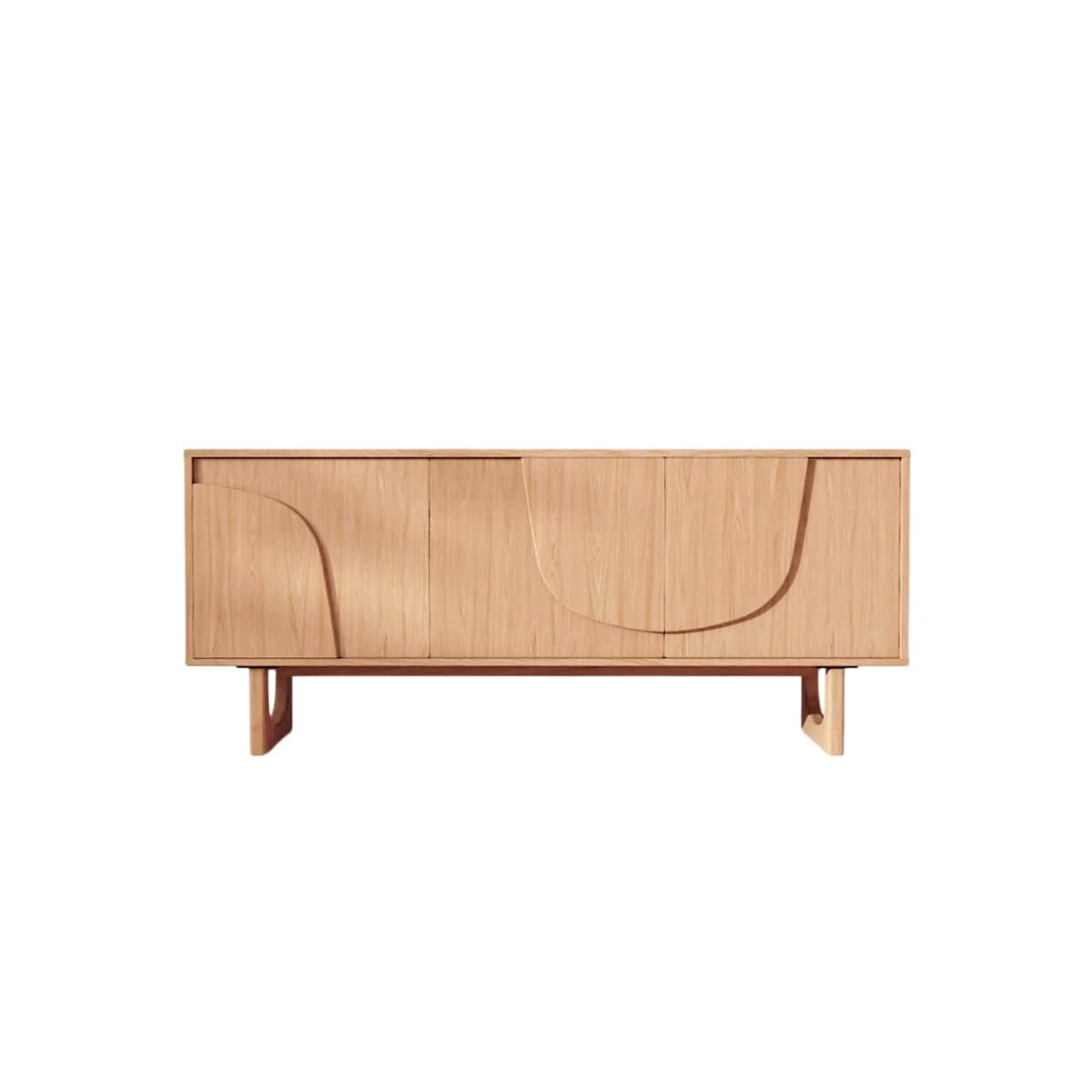 A modern, light-toned wooden sideboard featuring four cabinet doors. The two outer doors are adorned… — 3D model