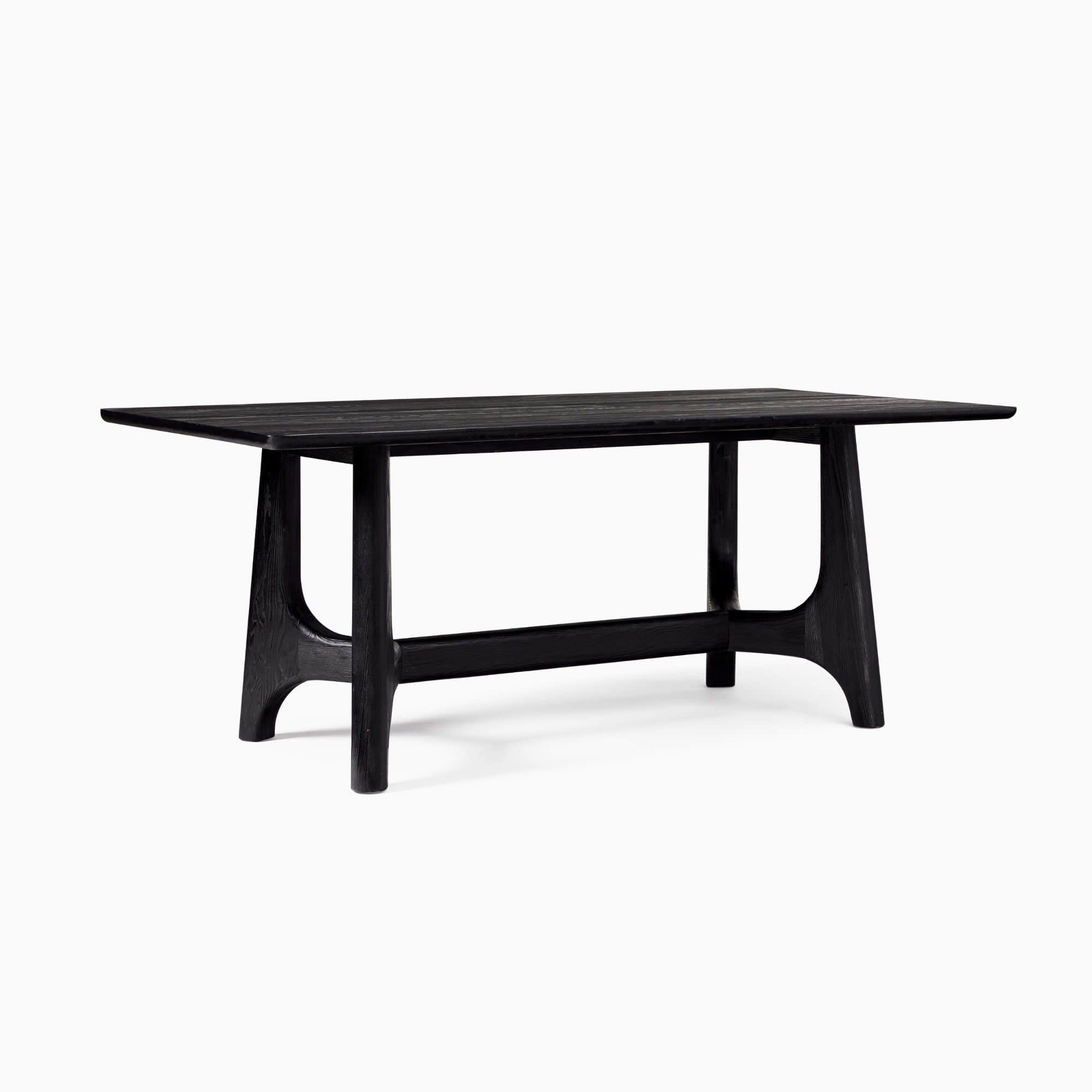 A rectangular black wood table with a distinctive A-frame trestle base design and visible wood grain… — free BLEND 3D model