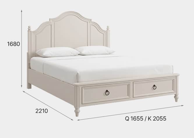 A light beige, traditional-style bed frame featuring a tall, arched panel headboard with decorative… — 3D model