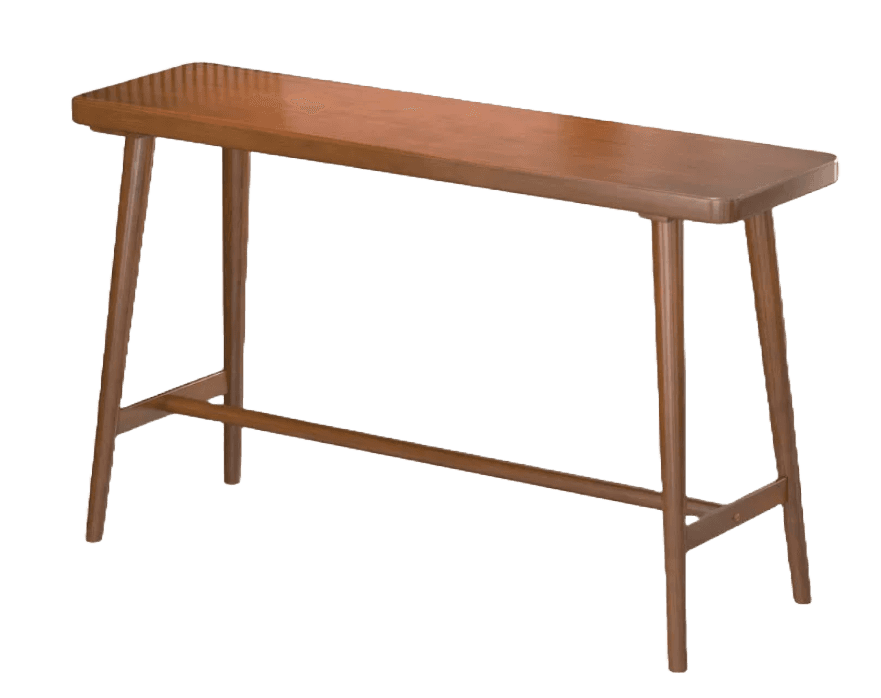 A long, narrow wooden console table featuring a rectangular top, tapered and splayed legs, and a low… — 3D model