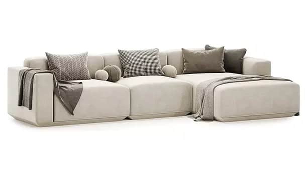 An L-shaped modular sectional sofa in a light beige or off-white upholstery, featuring a low profile… — 3D model