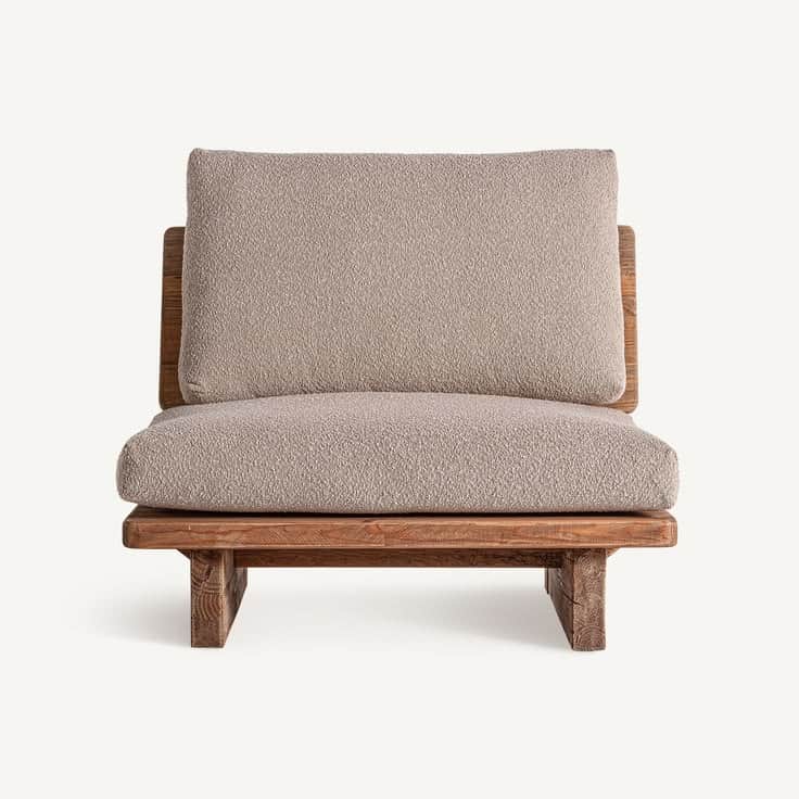 A modern low-profile lounge chair featuring a sturdy, distressed wooden frame and thick, comfortable… — 3D model
