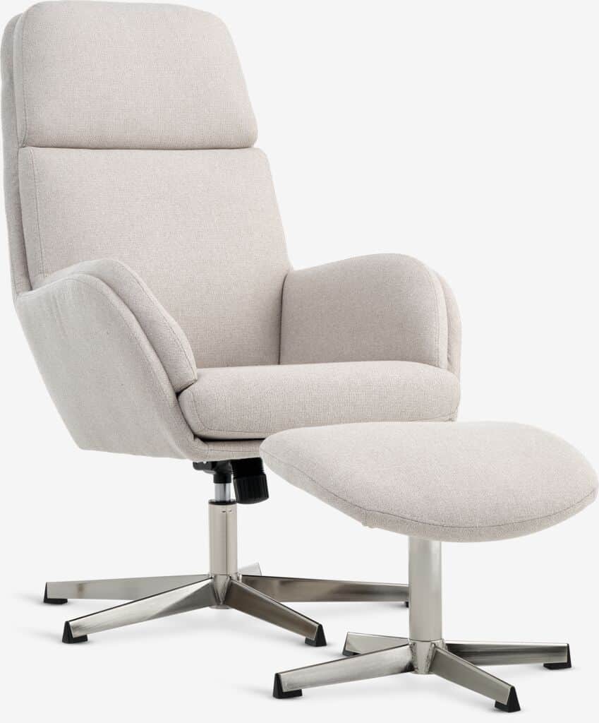 A modern upholstered swivel lounge chair accompanied by a matching ottoman. The chair features a hig… — free OBJ 3D model
