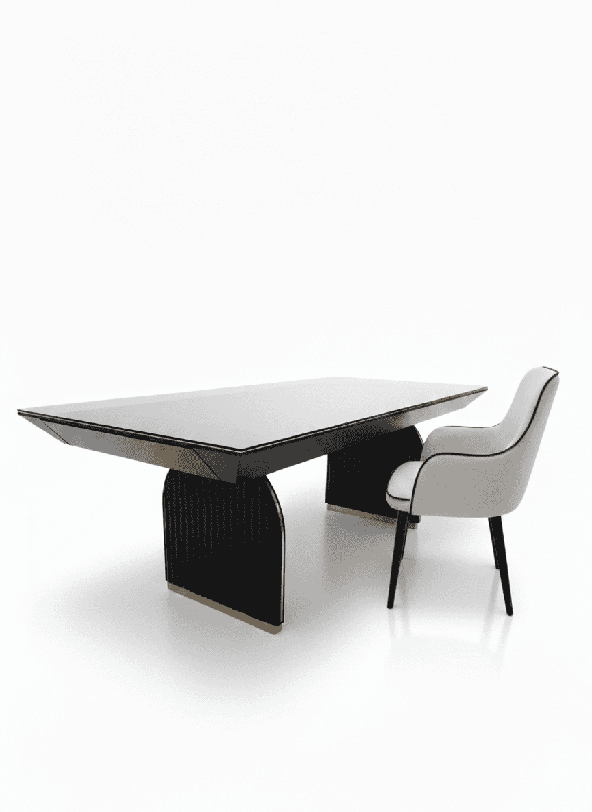 A sleek, contemporary dining table featuring a rectangular black tabletop supported by two distincti… — 3D model