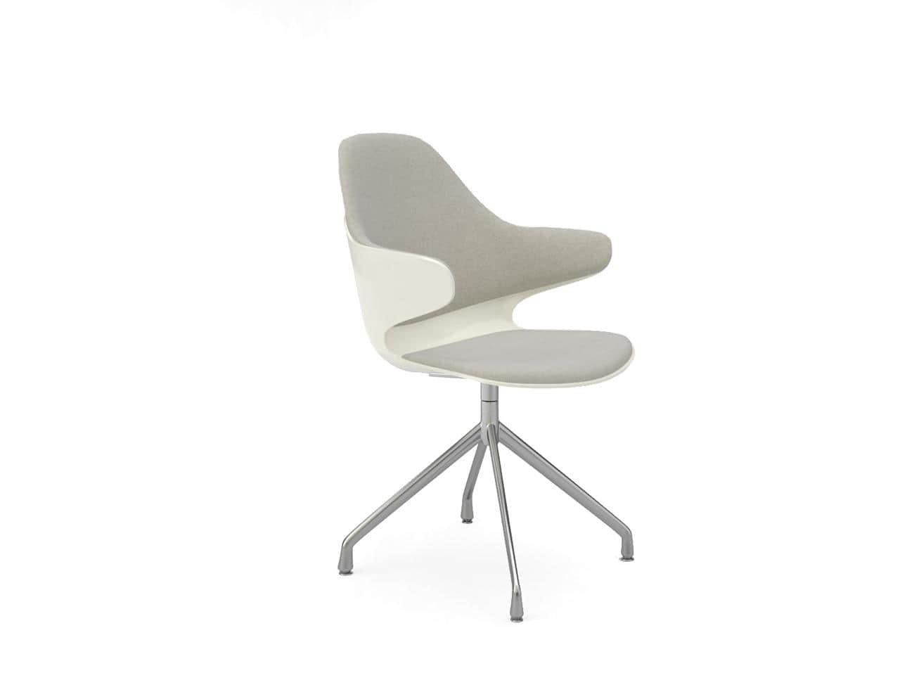 A contemporary swivel armchair featuring a distinctive white molded plastic outer shell and light gr… — 3D model
