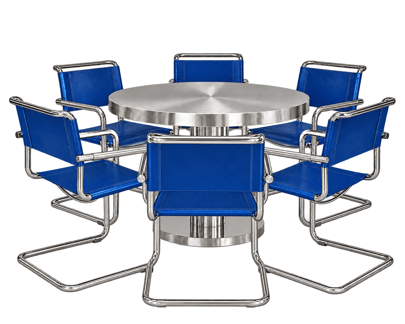 A complete dining set featuring a modern round dining table with a brushed metal finish, paired with… — 3D model