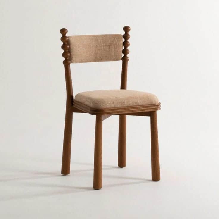 A contemporary dining chair featuring a solid wood frame with distinctive bobbin-turned back posts.… — 3D model