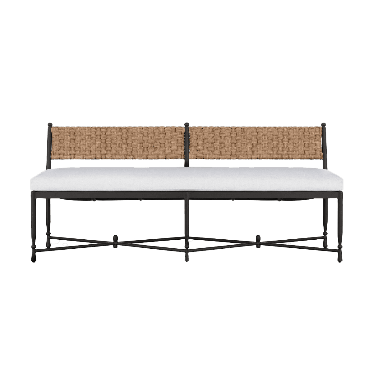A bench with a dark metal frame, featuring a woven backrest and a cushioned seat. The backrest is co… — 3D model
