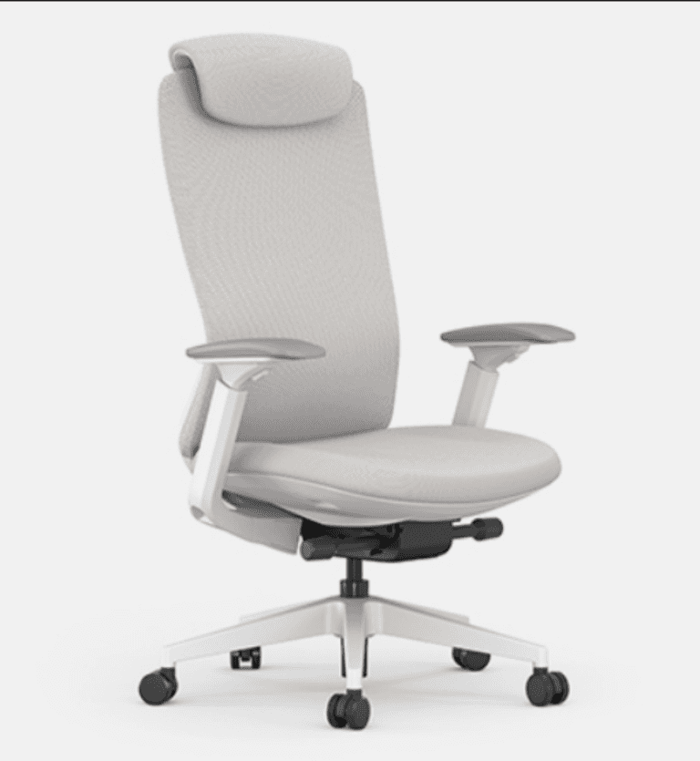 A contemporary ergonomic office chair featuring a high back with a headrest, upholstered in a light-… — 3D model